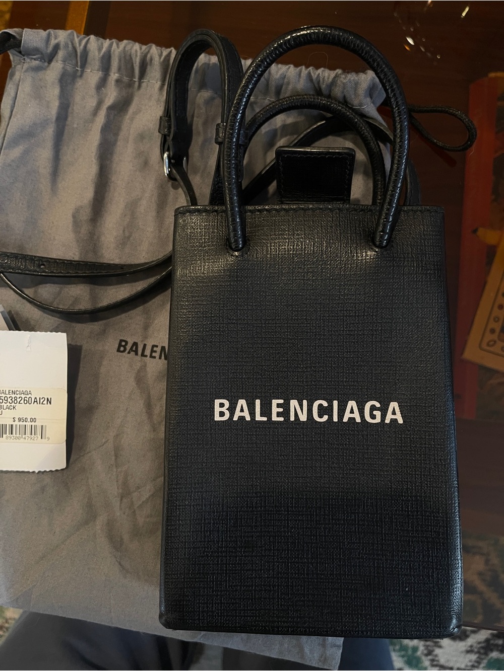 Balenciaga Black Text Logo Leather Mini Messenger Bag